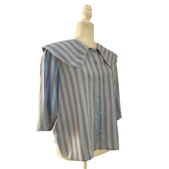 Paul & Joe Paris Striped Blouse Wide Collar Button Front NWOT Short Sleeves Silk - Picture 3 of 9